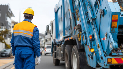 Garbage collector in protective gear monitoring waste disposal near residential truck during collection process