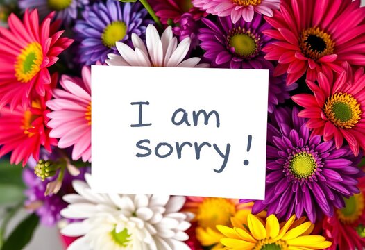 Vibrant bouquet of colorful flowers, white card reading "I am sorry", present, apology
