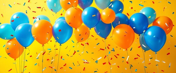 Vibrant blue & orange balloons against sunny yellow, confetti scattered, yellow, card