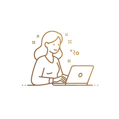 Woman smiling while working on a laptop in a minimalist setting