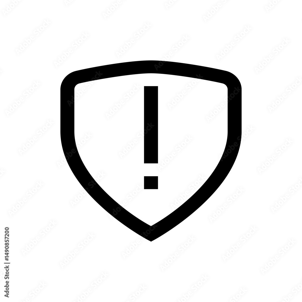 Poster shield icon displaying an exclamation mark indicating a warning or error message in black outline st