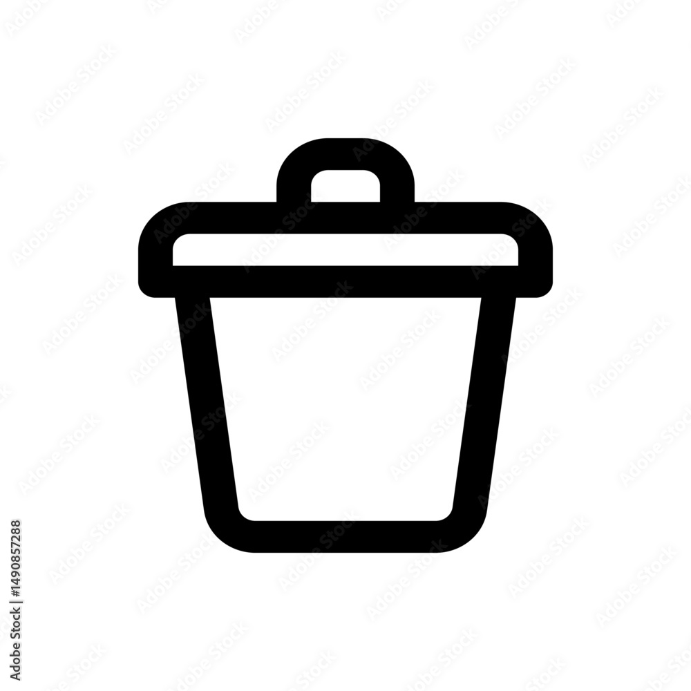 Poster illustration of a simple black and white trash can icon with a lid and handle on a white background 