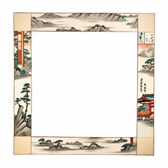 wooden picture frame pattern with asian landscape abd letters vector illustration for insertion
