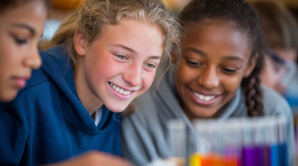 Obraz premium Engaged Girls in STEM Science Experiment in Bright Classroom