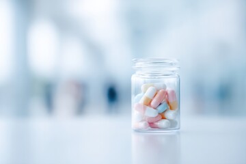 close-up of modern medicine pills in clear container is placed on white surface with delicate blur of people in background