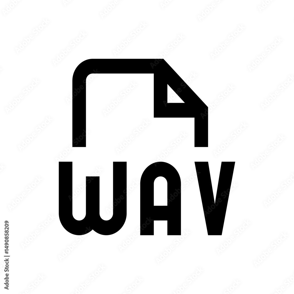 Poster illustration of a wav file format icon in black and white featuring a document shape with a folded c