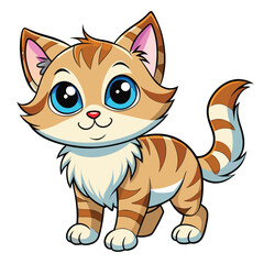 A small, fluffy tabby kitten with bright blue eyes is playfully batting with its paw on a white surface  on white background