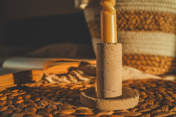 Cozy still life with a twisted beeswax candle in a concrete holder, warm natural light, book and...