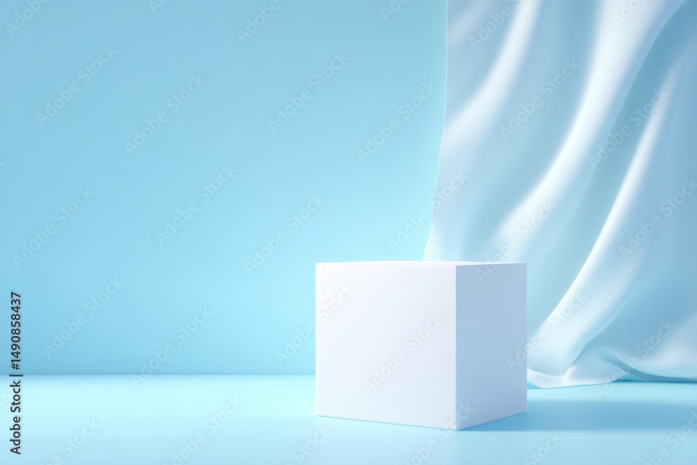 Poster draped empty podium stands alone inviting viewers to fill void with their imagination