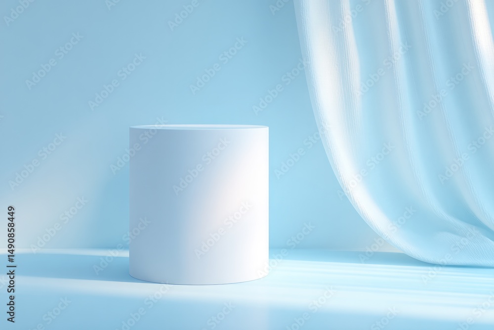 Poster draped empty podium stands alone inviting viewers to fill void with their imagination