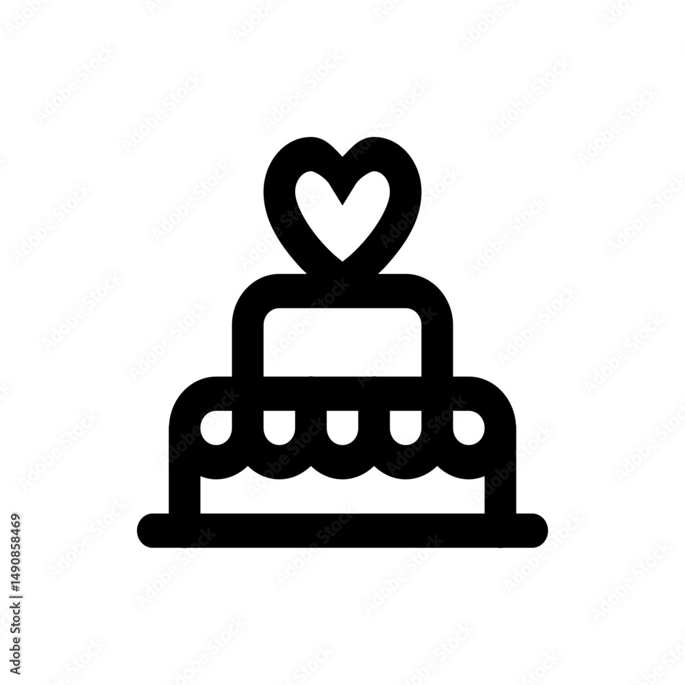 Poster a two tiered cake with scalloped edges and a heart on top in a simple black and white line drawing s