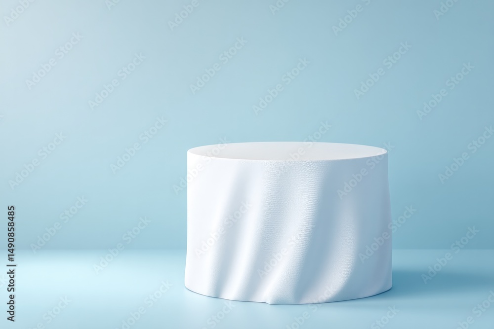 Poster draped empty podium stands alone inviting viewers to fill void with their imagination