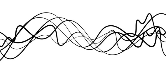 Abstract design featuring thin, elegant wave black lines flowing gracefully across a clean white background. The lines should appear delicate and dynamic, with smooth curves and varying opacity.