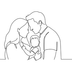 Outline of the profile of a family in one line: mother, father and child
