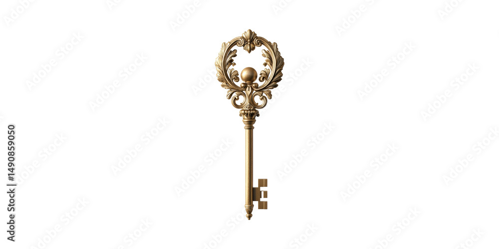 Poster ornate gold skeleton key. symbol of access and security isolated on transparent background