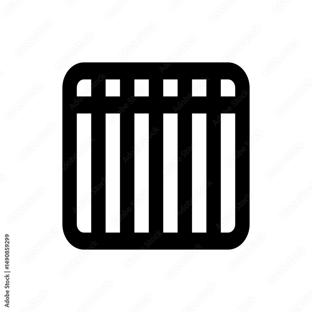 Poster black rounded rectangle containing vertical bars and small squares at the top in a simple design