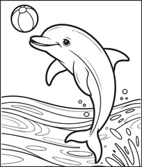 Fototapeta premium Adorable dolphin playing with ball coloring page for kids, Black line art vector illustration for children book design