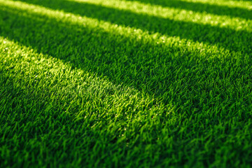 Close-up view of vibrant green artificial grass with dramatic shadows from the fence in sunlight. Minimalistic, abstract natural texture background