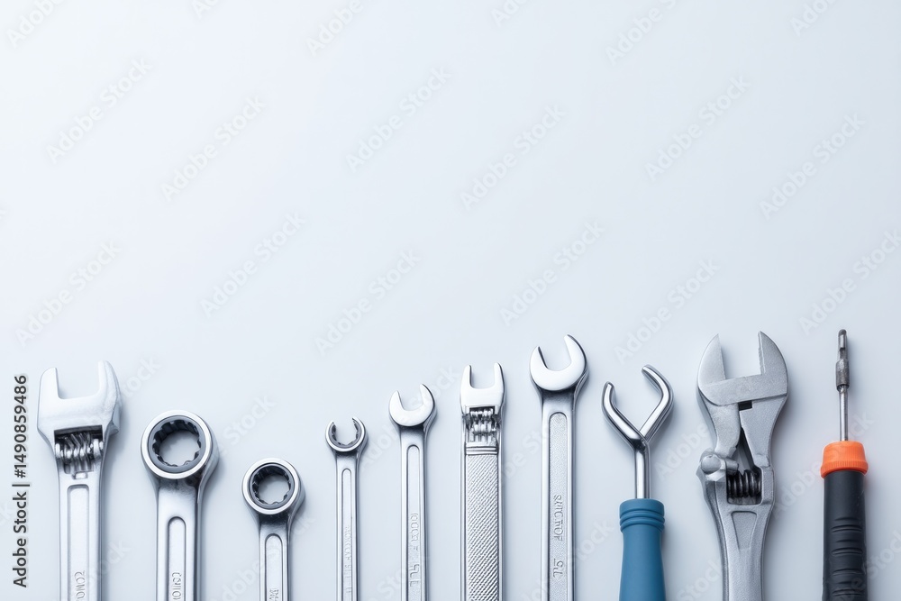 Poster minimalistic image featuring auto mechanic workspace with tools neatly arranged perfect for showcasi