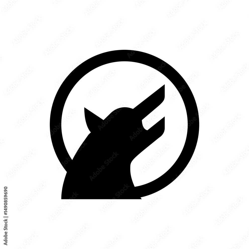 Poster silhouette of a wolf head howling inside a circle with a white background in a simple and modern sty