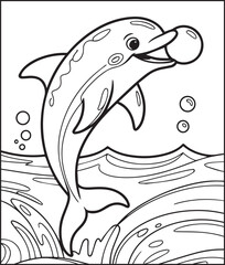 Obraz premium Adorable dolphin playing with ball coloring page for kids, Black line art vector illustration for children book design