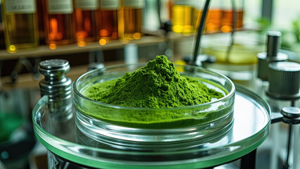 Green powder in glass dish scientific lab research