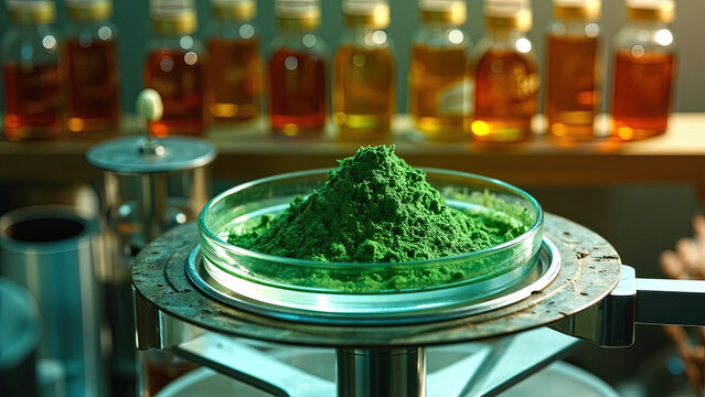 Green powder sample on laboratory scale in scientific research