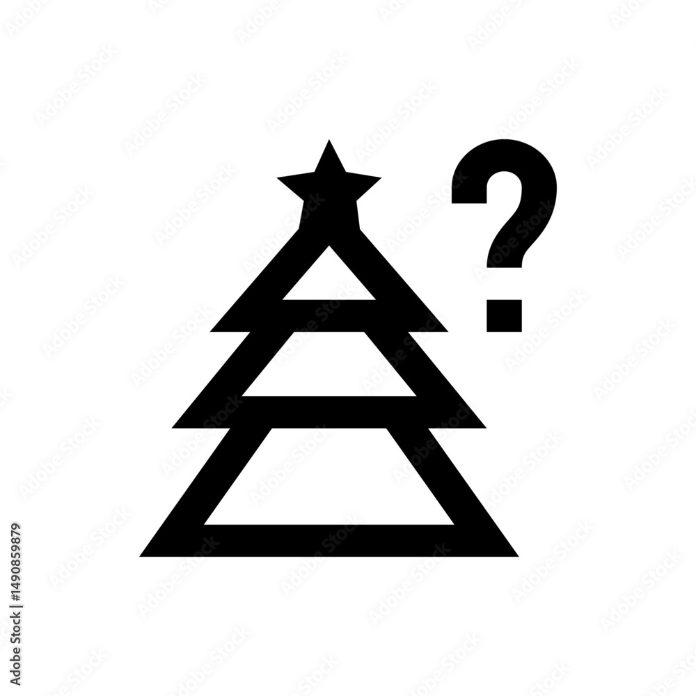 Poster silhouette of a christmas tree with a star on top and a question mark beside it in a white backgroun