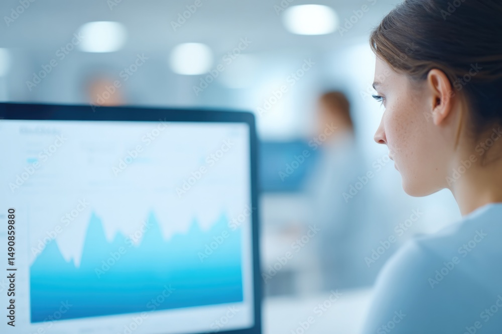 Poster person analyzing graphs on computer screen in modern office setting with blurred colleagues in backg