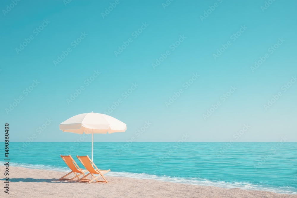 Poster scenic minimalist beach setting with umbrella and empty lounge chairs emphasizing summer relaxation 