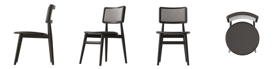 dark wood round seat dining chair multiple view isolated.