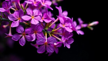 Obraz premium Velvet black backdrop, vibrant purple blooms in sharp focus, wallpaper, design