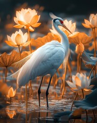 Elegant Crane Amidst Soft Lotus Flowers in Serene Water Setting