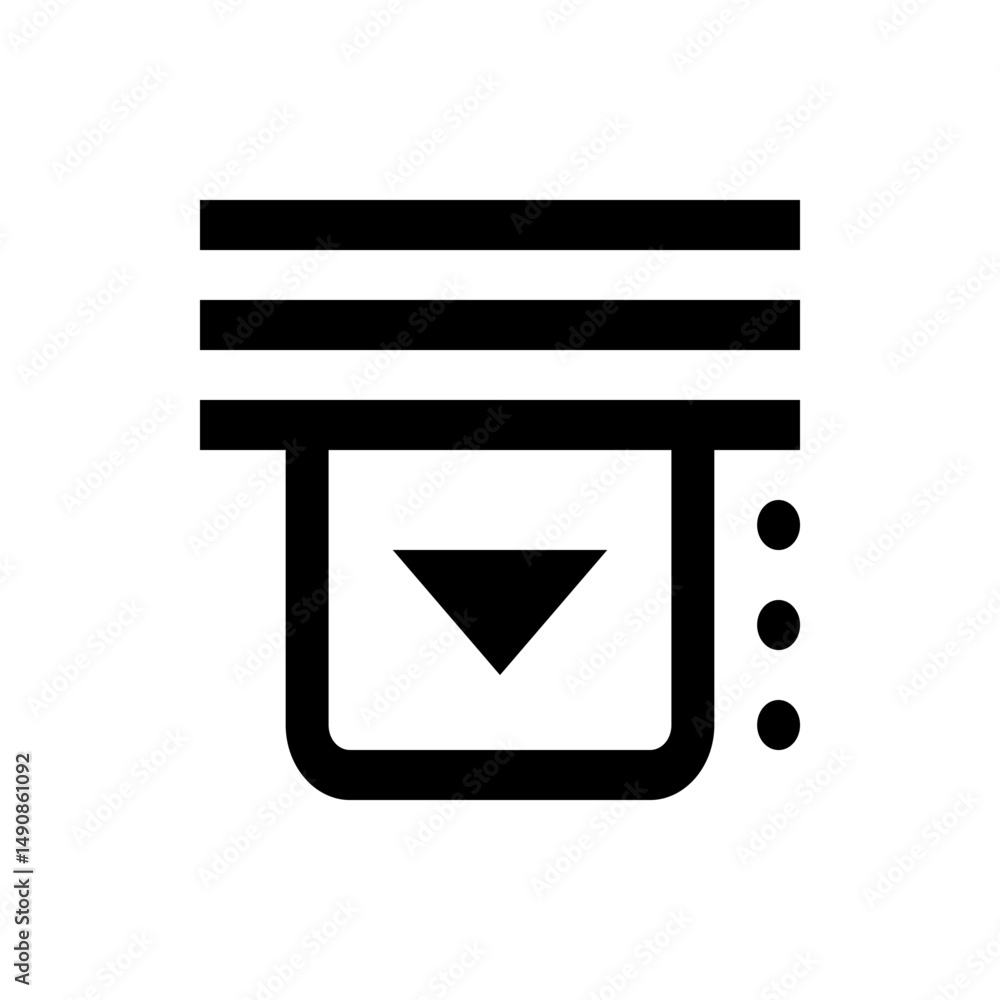 Poster illustration of a document tray with three horizontal lines and a down arrow and three dots on the r