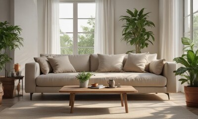 Linen sofa, coffee table, natural light, plants , natural, calm, sofa