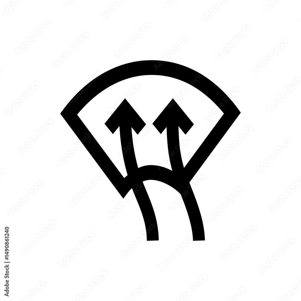 Poster black graphic symbol of two upward pointing arrows merging into one under an arch shape design eleme