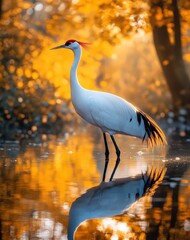 Fototapeta premium Elegant Crane Reflection in Autumn Colors at Serene Water Scene