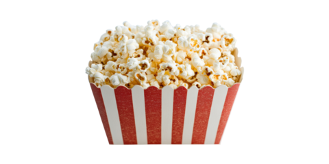 Popcorn In Red And Striped Box. Classic Movie Snack For Cinema And Entertainment Isolated On Transparent Background