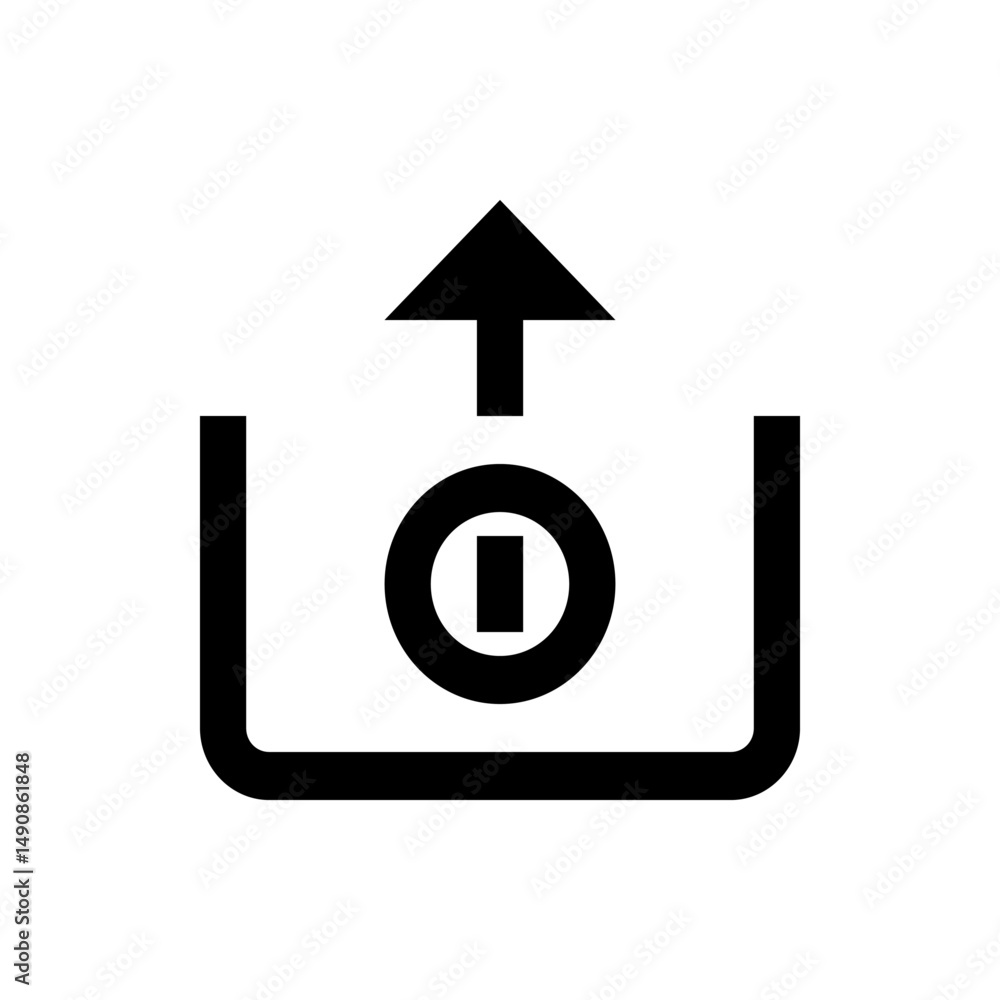 Poster Black upload icon with arrow pointing upwards and a circle with a line inside over a square shape