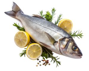 fresh fish with lemon and spices  isolated on white background. PNG Transparent file type with high definition quality And vibrant color grading Available.