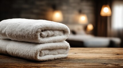 Soft, white towels on a wooden table in a hotel room