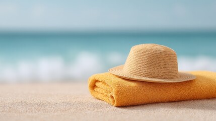 sunlit beach towel neatly spread next to straw hat on warm sand with waves shimmering in distance