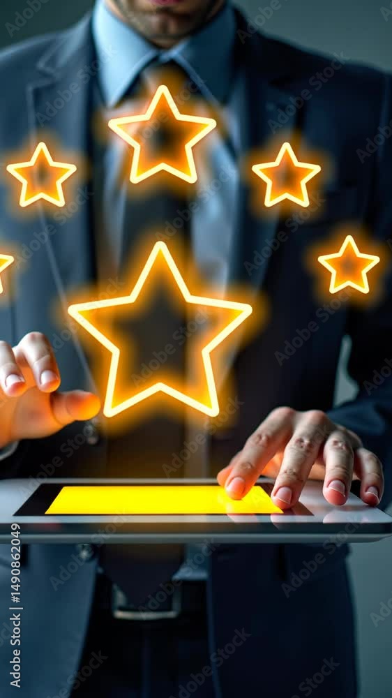 Poster a person in a business suit working on a laptop with virtual icons related to performance rating, di