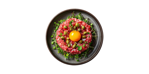 Beef Tartare With Egg Yolk And Capers Ceramic Plate. Gourmet Cuisine And Culinary Art Isolated On Transparent Background