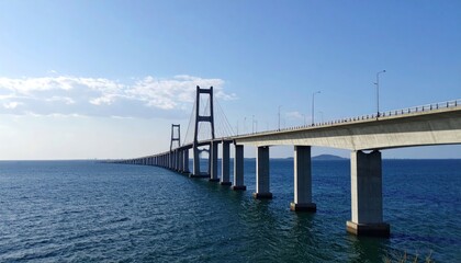 Fototapeta premium Expansive bridge stretching across open sea waters under a bright sky