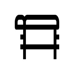 Illustration of a simple black outline of a bed with a headboard and visible frame and legs design element