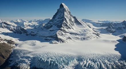 Naklejka premium Majestic Snowy Mountain Peak and Glacier Landscape - A breathtaking panorama of a majestic snow-capped mountain peak towering over a vast, pristine glacier. Symbolizing nature's grandeur