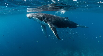 Fototapeta premium Majestic Whale Underwater Scene - A humpback whale gracefully swims beneath the ocean surface, surrounded by small fish. Symbolizing freedom, wonder, the ocean's vastness, marine life