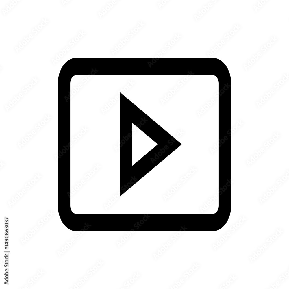 Poster a simple black and white play button icon inside a rounded rectangle frame for media player interfac
