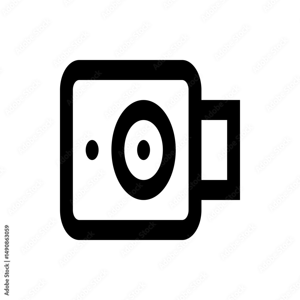 Poster illustration of a black and white action camera with a lens and a record button on the side view and